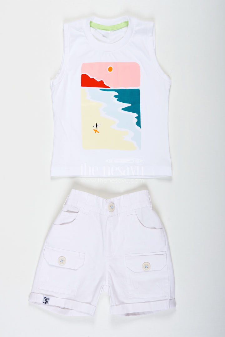 The Nesavu Boys Casual Set Stripe Design Boys Casual Outfit with Printed Tee and Checked Shirt in Designer Cotton with White Pocket Shorts Nesavu Stripe Design Boys Outfit with Printed Tee Checked Shirt and Pocket Shorts in Cotton Fabric | The Nesavu