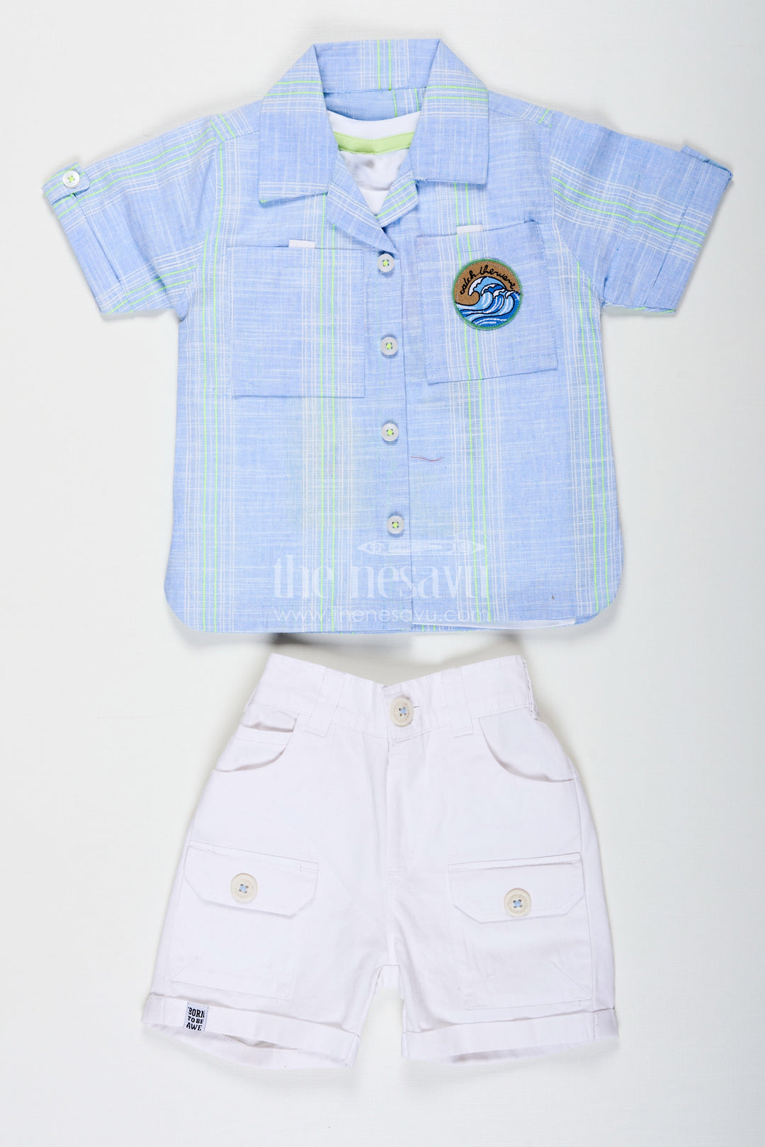 The Nesavu Boys Casual Set Stripe Design Boys Casual Outfit with Printed Tee and Checked Shirt in Designer Cotton with White Pocket Shorts Nesavu Stripe Design Boys Outfit with Printed Tee Checked Shirt and Pocket Shorts in Cotton Fabric | The Nesavu