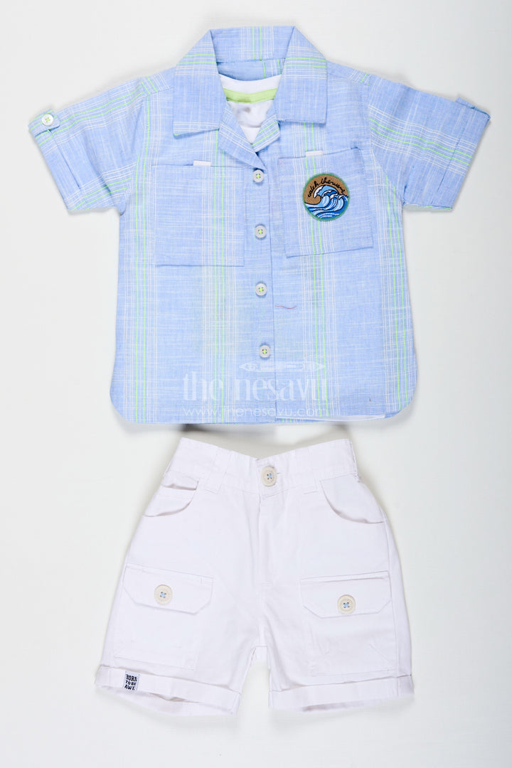 The Nesavu Boys Casual Set Stripe Design Boys Casual Outfit with Printed Tee and Checked Shirt in Designer Cotton with White Pocket Shorts Nesavu Stripe Design Boys Outfit with Printed Tee Checked Shirt and Pocket Shorts in Cotton Fabric | The Nesavu
