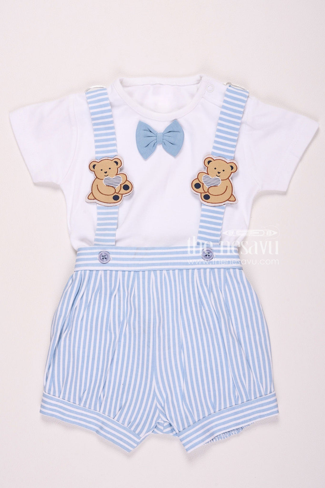 The Nesavu Baby Rompers/Onesies Striped Bear Bow Tie Baby Boy Romper Set Nesavu 10 (NB) / Blue BCS048A-10 Striped Bear Bow Tie Baby Boy Romper Set - Adorable & Charming