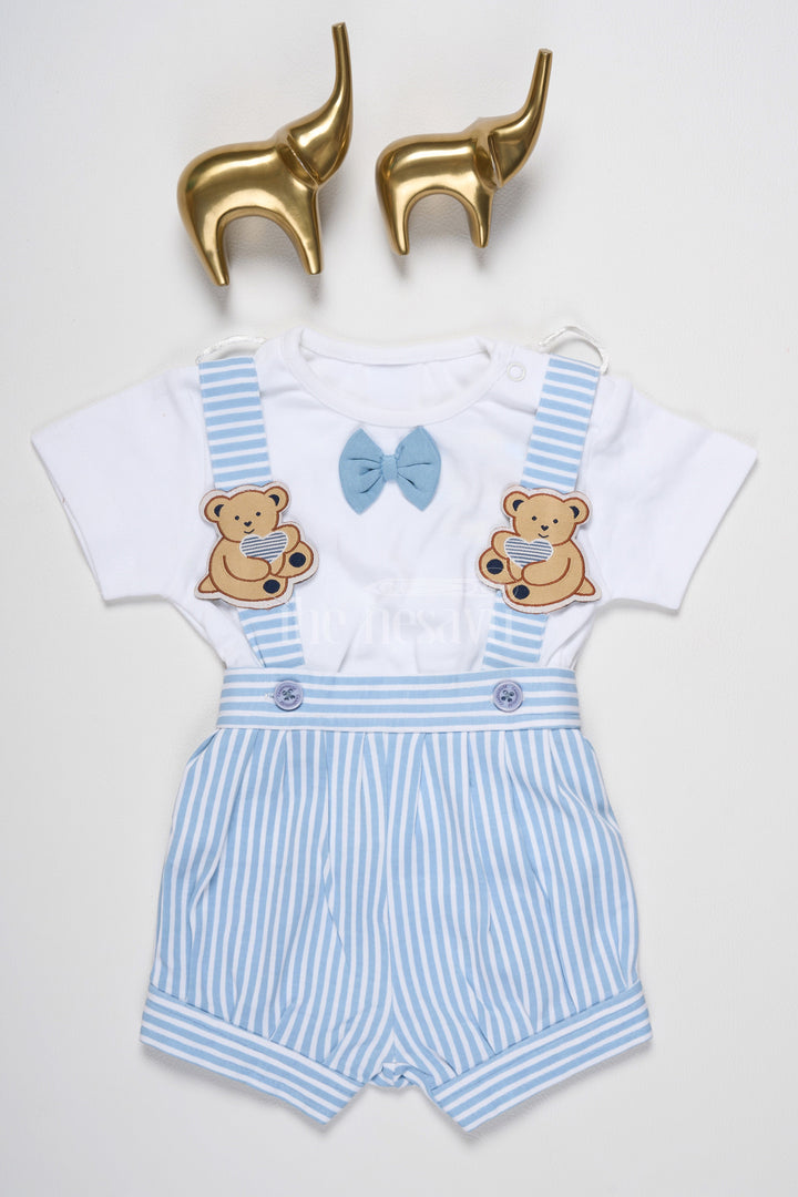 The Nesavu Baby Rompers/Onesies Striped Bear Bow Tie Baby Boy Romper Set Nesavu 10 (NB) / Blue BCS048A-10 Striped Bear Bow Tie Baby Boy Romper Set - Adorable & Charming