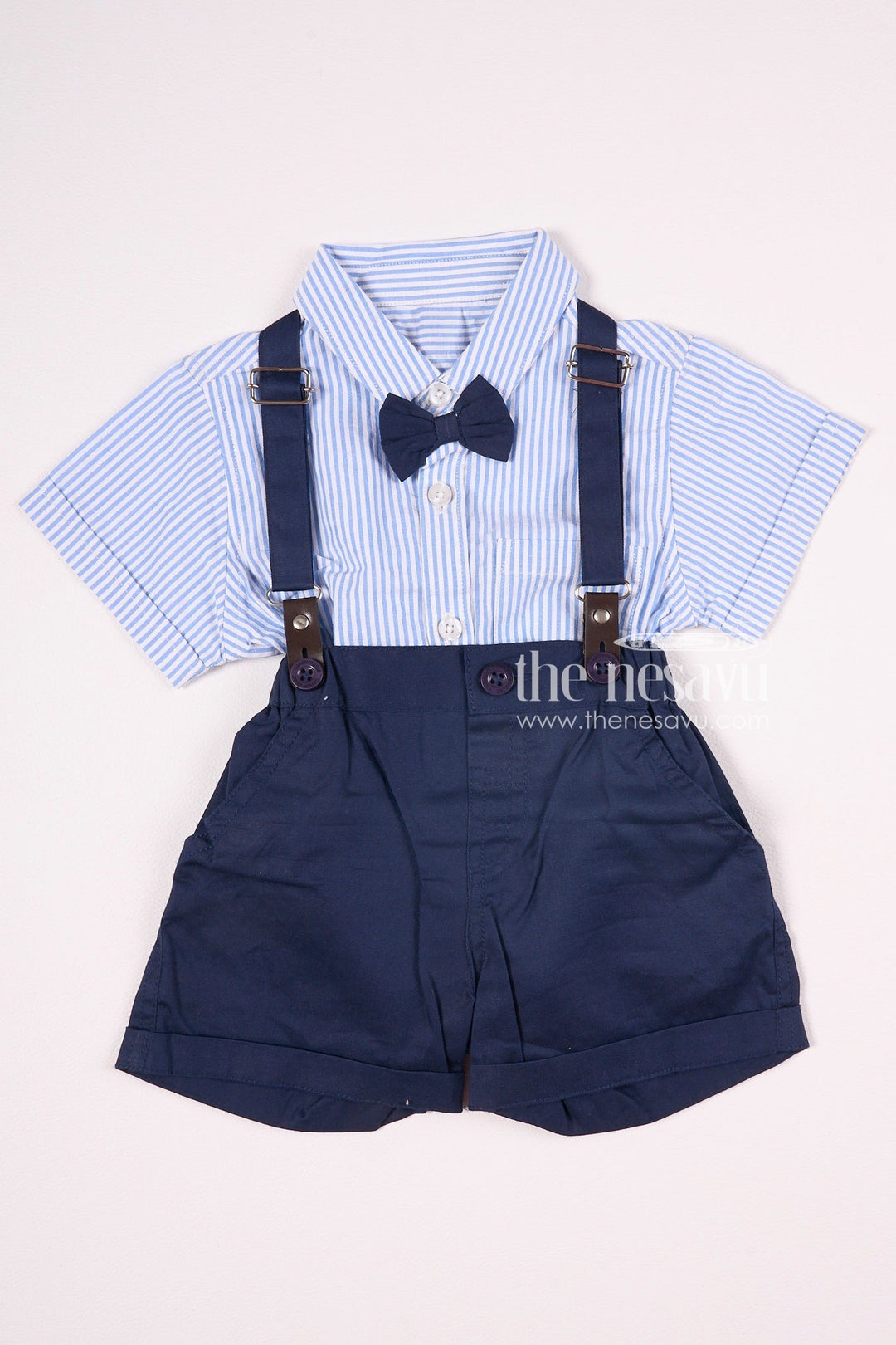 The Nesavu Baby Rompers/Onesies Striped Bow Tie Suspender Baby Boy Romper Set Nesavu 10 (NB) / Blue BCS045A-10 Striped Bow Tie Suspender Baby Boy Romper Set - Classic & Charming