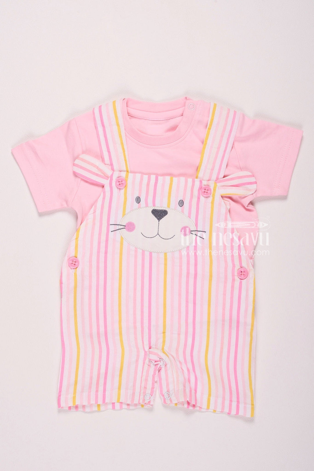 The Nesavu Baby Rompers/Onesies Striped Bunny Baby Boy Romper Set Pink Nesavu 10 (NB) / Pink BCS052A-10 Striped Bunny Baby Boy Romper Set - Pink - Adorable & Comfortable