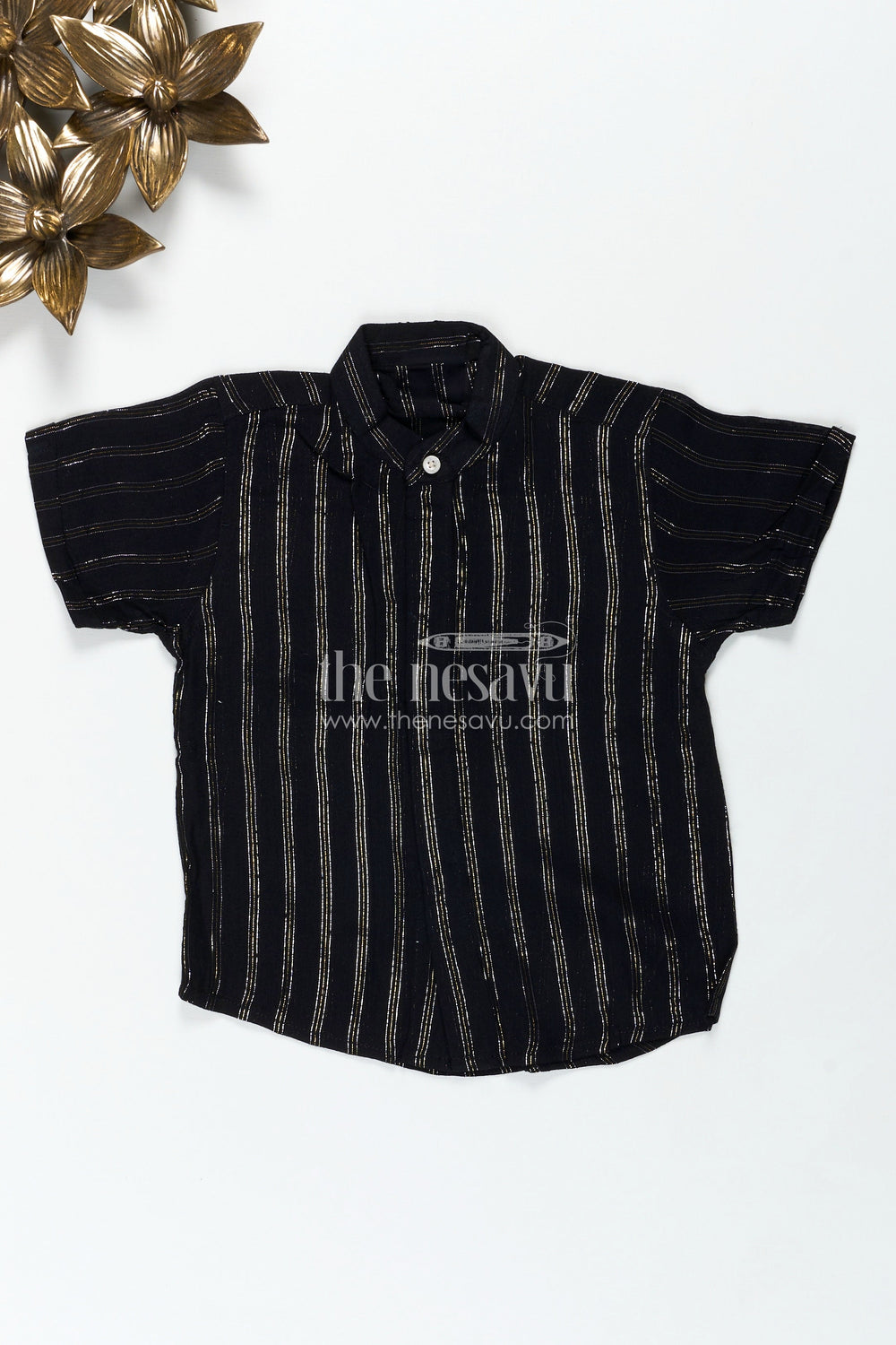The Nesavu Boys Silk Shirt Striped Kidswear Shirt in Semi Silk Blend with Golden Vertical Lines and Bold Black Base Nesavu 16 (1Y) / Black BS287A-16 Nesavu Striped Kidswear Shirt Semi Silk Blend Vertical Gold Lines Elegant Black Finish
