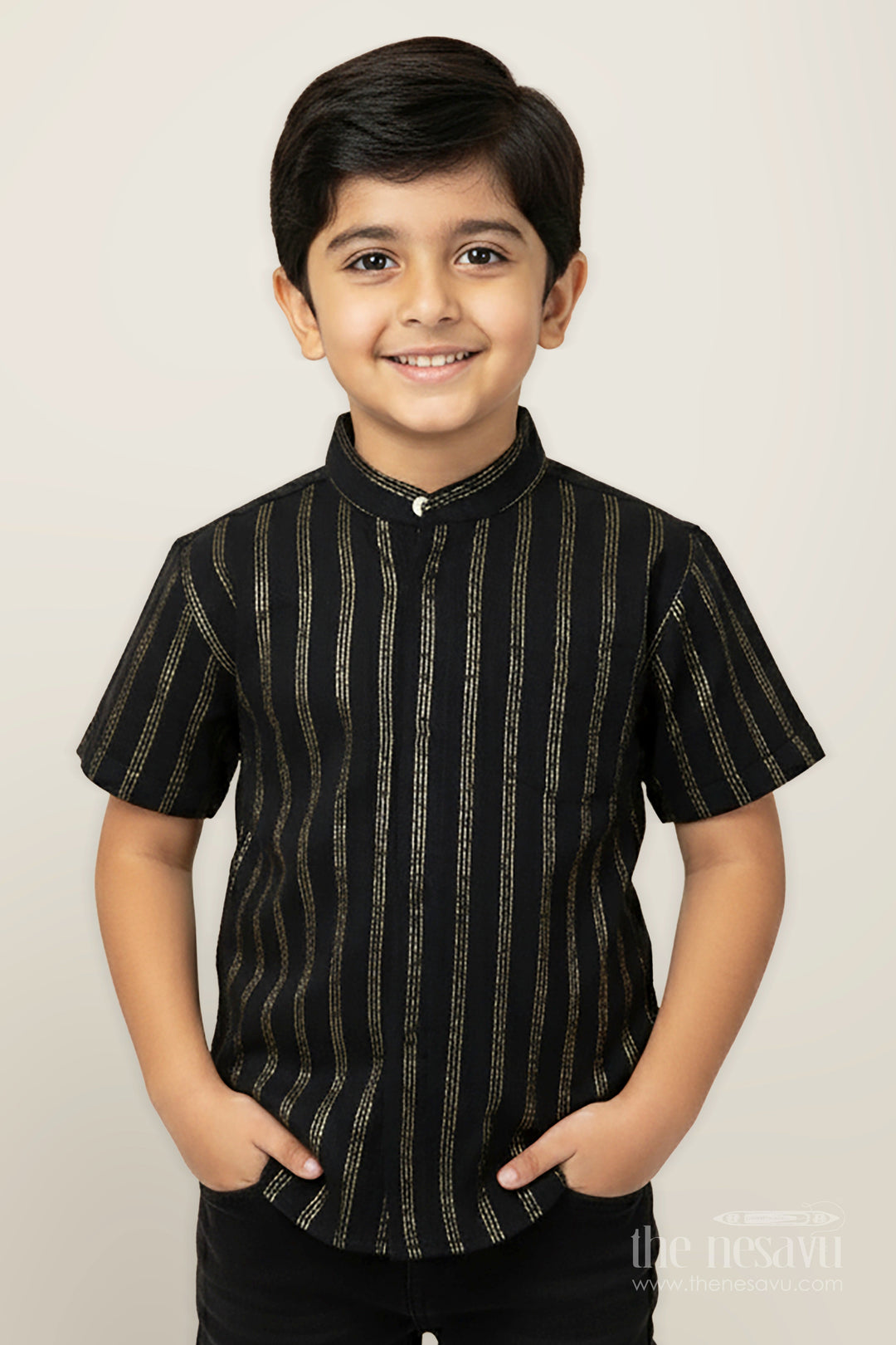 The Nesavu Boys Silk Shirt Striped Kidswear Shirt in Semi Silk Blend with Golden Vertical Lines and Bold Black Base Nesavu 16 (1Y) / Black BS287A-16 Nesavu Striped Kidswear Shirt Semi Silk Blend Vertical Gold Lines Elegant Black Finish