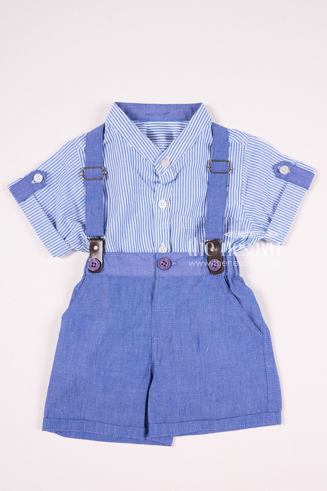 The Nesavu Baby Rompers/Onesies Striped Suspender Baby Boy Romper Set Nesavu 10 (NB) / Blue BCS041A-10 Striped Suspender Baby Boy Romper Set - Sophisticated & Stylish