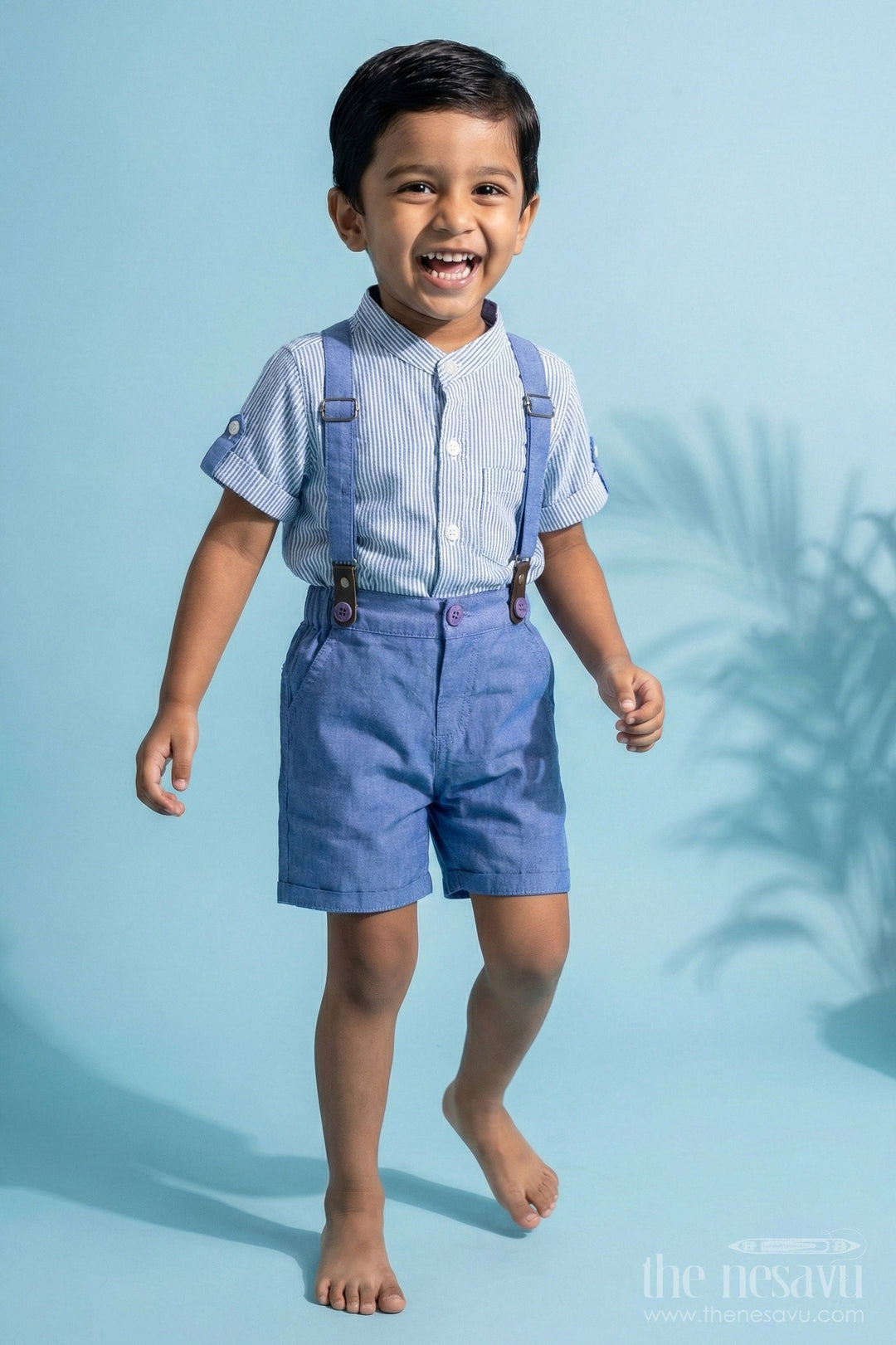 The Nesavu Baby Rompers/Onesies Striped Suspender Baby Romper Set Nesavu 10 (NB) / Blue BCS041A-10 Striped Suspender Baby Baby Romper Set - Sophisticated & Stylish | The Nesavu