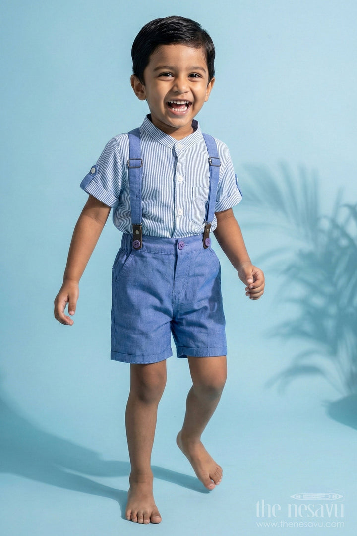The Nesavu Baby Rompers/Onesies Striped Suspender Baby Romper Set Nesavu 10 (NB) / Blue BCS041A-10 Striped Suspender Baby Baby Romper Set - Sophisticated & Stylish | The Nesavu