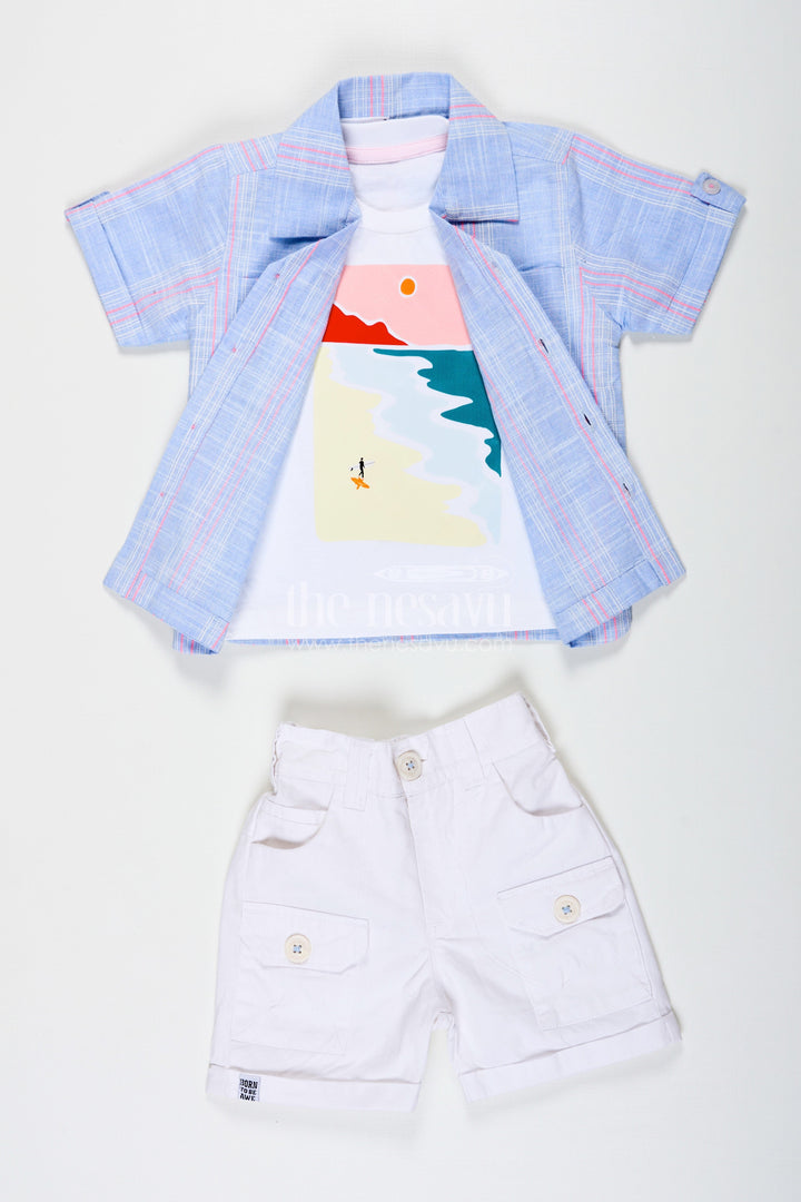 The Nesavu Boys Casual Set Stripes Design Boys Cotton Casual Outfit with Graphic Tank Top Checked Shirt and Cargo Pocket Shorts Nesavu 16 (1Y) / Blue BCS228B-16 Stripes Design Boys Outfit with Graphic Tank Shirt Checked Button Down and White Cargo Shorts | The Nesavu