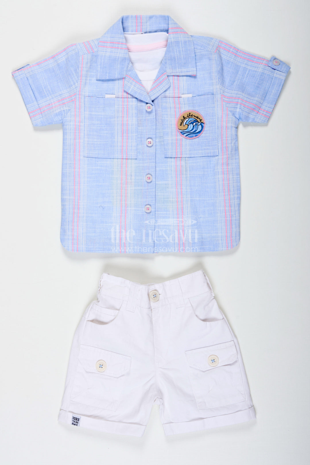 The Nesavu Boys Casual Set Stripes Design Boys Cotton Casual Outfit with Graphic Tank Top Checked Shirt and Cargo Pocket Shorts Nesavu Nesavu Stripes Design Boys Outfit with Graphic Tank Shirt Checked Button Down and White Cargo Shorts