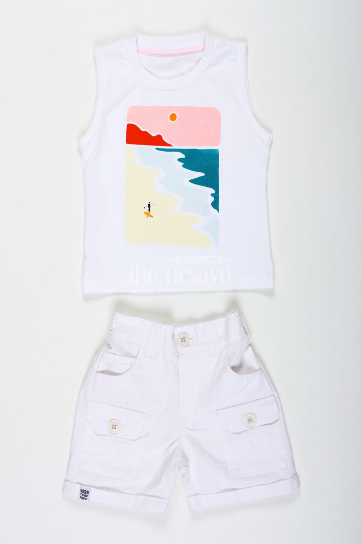 The Nesavu Boys Casual Set Stripes Design Boys Cotton Casual Outfit with Graphic Tank Top Checked Shirt and Cargo Pocket Shorts Nesavu Nesavu Stripes Design Boys Outfit with Graphic Tank Shirt Checked Button Down and White Cargo Shorts