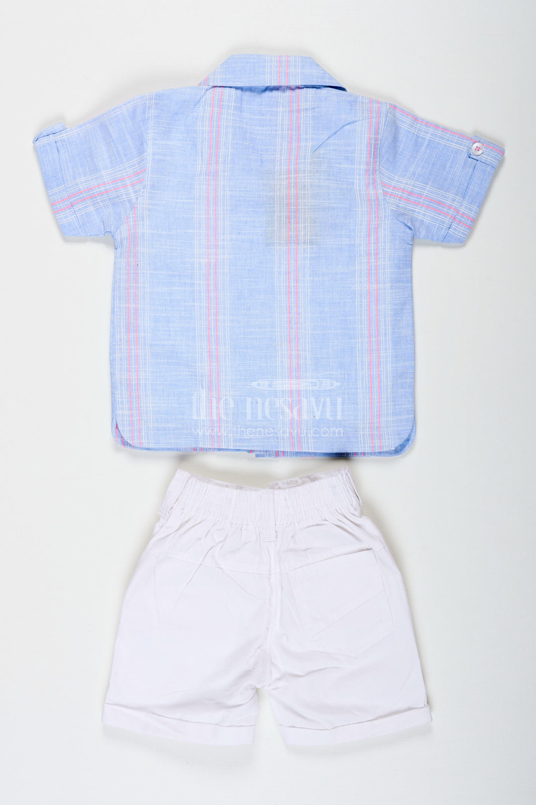 The Nesavu Boys Casual Set Stripes Design Boys Cotton Casual Outfit with Graphic Tank Top Checked Shirt and Cargo Pocket Shorts Nesavu Stripes Design Boys Outfit with Graphic Tank Shirt Checked Button Down and White Cargo Shorts | The Nesavu
