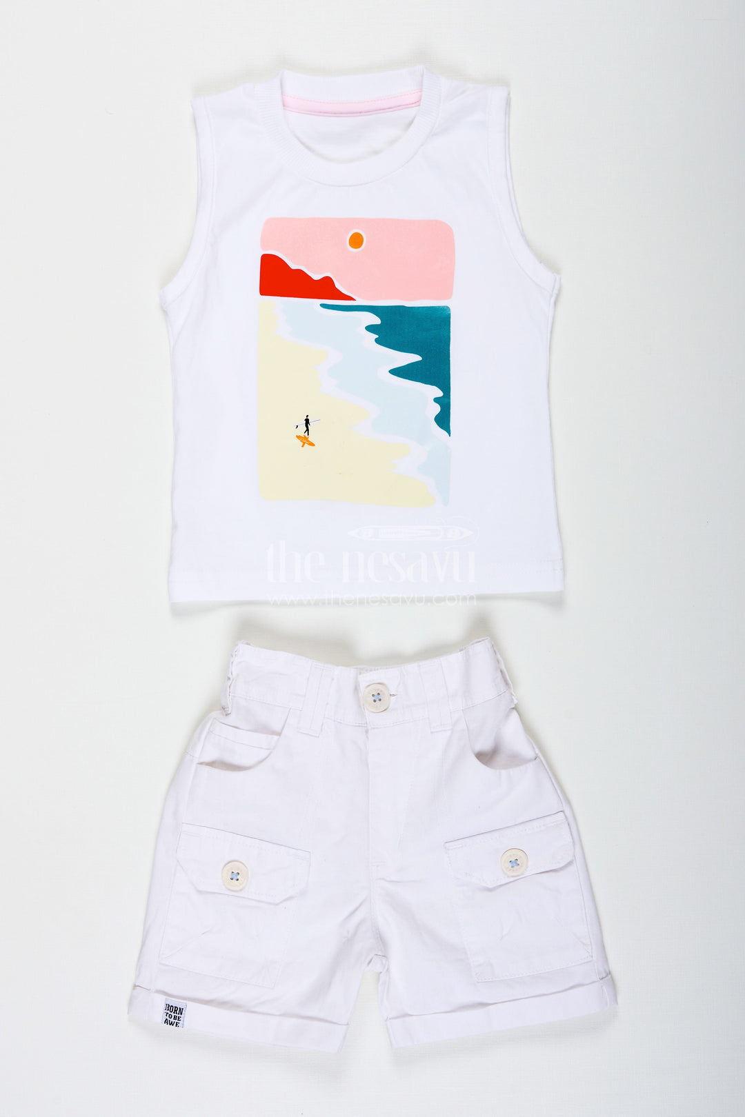 The Nesavu Boys Casual Set Stripes Design Boys Cotton Casual Outfit with Graphic Tank Top Checked Shirt and Cargo Pocket Shorts Nesavu Stripes Design Boys Outfit with Graphic Tank Shirt Checked Button Down and White Cargo Shorts | The Nesavu