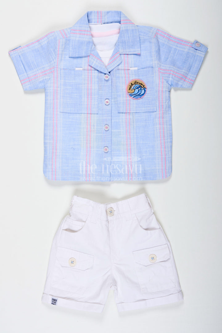 The Nesavu Boys Casual Set Stripes Design Boys Cotton Casual Outfit with Graphic Tank Top Checked Shirt and Cargo Pocket Shorts Nesavu Stripes Design Boys Outfit with Graphic Tank Shirt Checked Button Down and White Cargo Shorts | The Nesavu