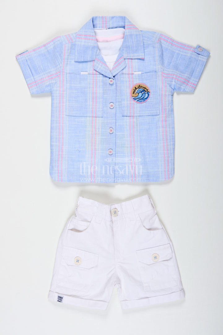 The Nesavu Boys Casual Set Stripes Design Boys Cotton Casual Outfit with Graphic Tank Top Checked Shirt and Cargo Pocket Shorts Nesavu Stripes Design Boys Outfit with Graphic Tank Shirt Checked Button Down and White Cargo Shorts | The Nesavu