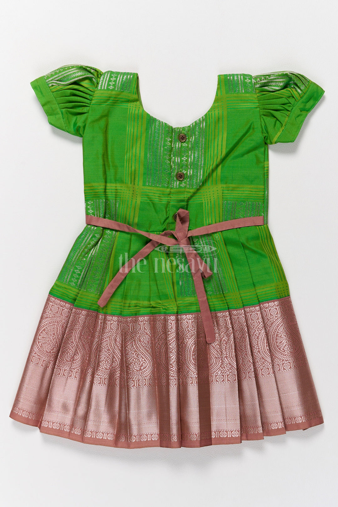 The Nesavu Girls Kanchi Silk Frock Stunning Green and Bronze Traditional Pattu Long Frock for Girls in Blend Silk Nesavu Nesavus Green Bronze Traditional Pattu Long Frock Girls Blend Silk