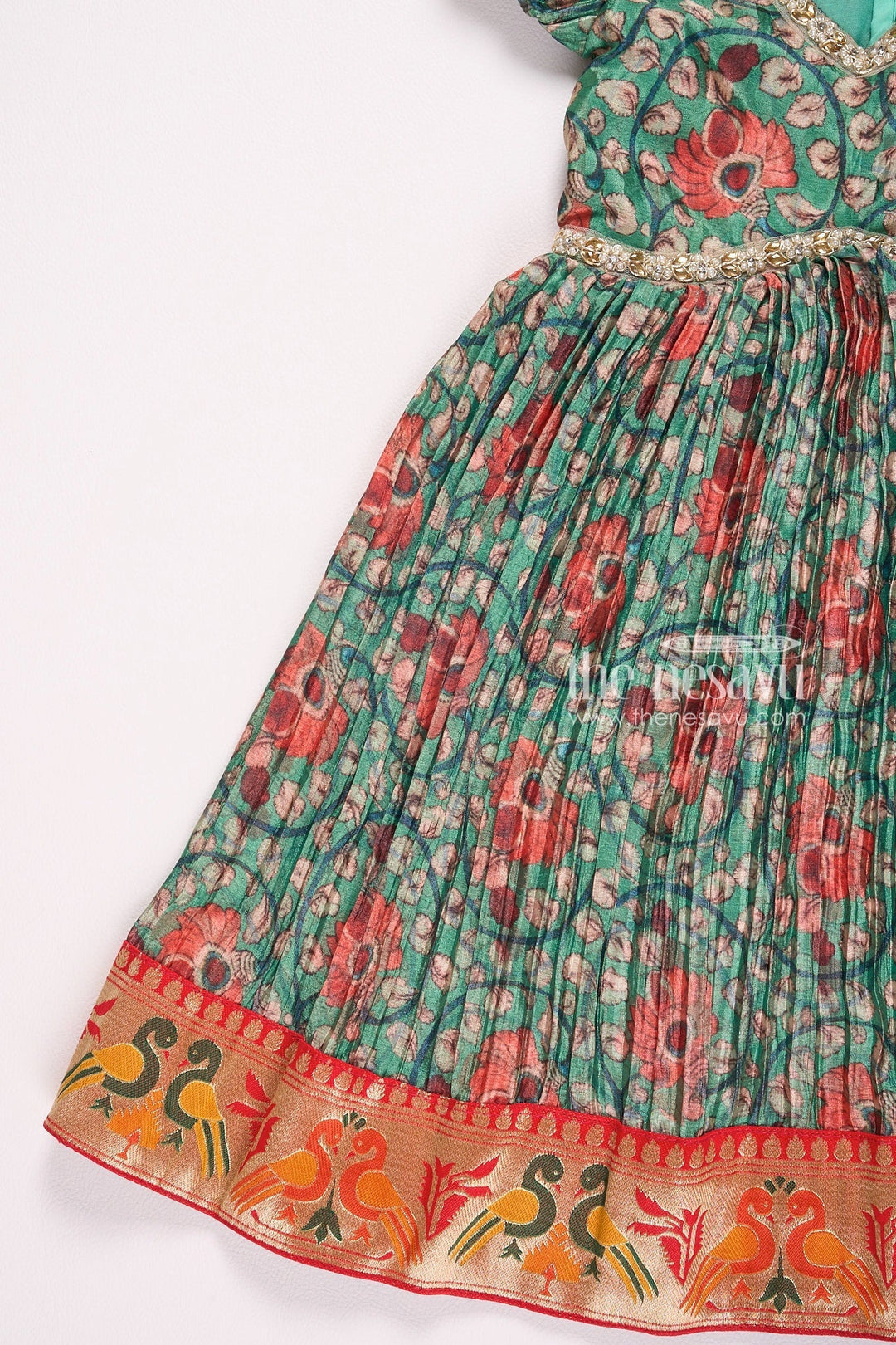 The Nesavu Girls Silk Gown Stunning Green Kalamkari Chinon Party Gown for Girls Nesavu Stunning Green Kalamkari Chinon Party Gown for Girls - Elegant & Festive