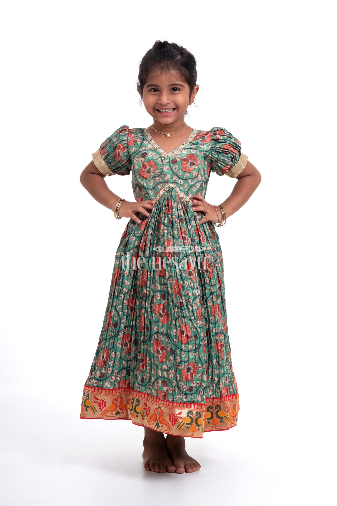 The Nesavu Girls Silk Gown Stunning Green Kalamkari Chinon Party Gown for Girls Nesavu Stunning Green Kalamkari Chinon Party Gown for Girls - Elegant & Festive