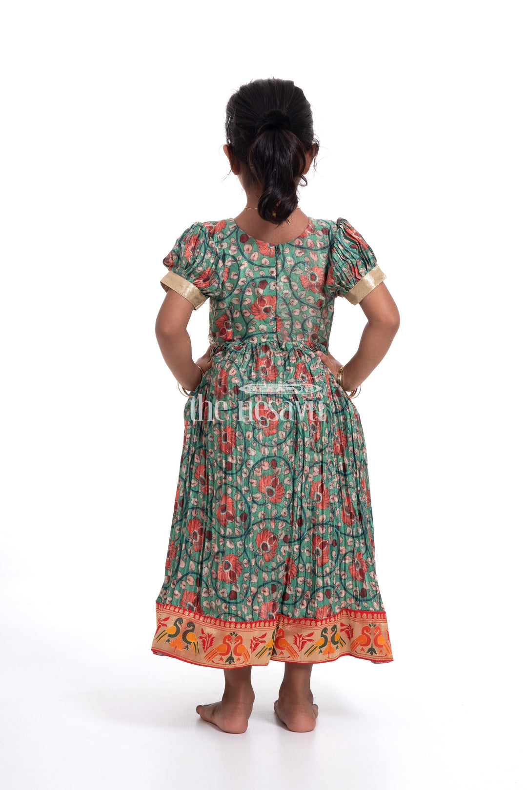 The Nesavu Girls Silk Gown Stunning Green Kalamkari Chinon Party Gown for Girls Nesavu Stunning Green Kalamkari Chinon Party Gown for Girls - Elegant & Festive