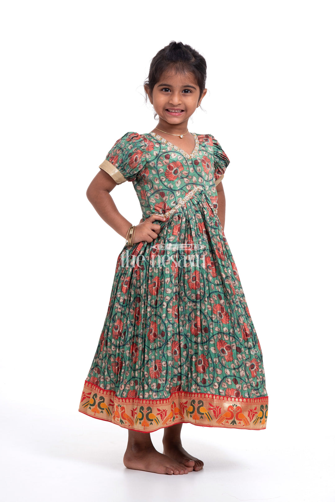 The Nesavu Girls Silk Gown Stunning Green Kalamkari Chinon Party Gown for Girls Nesavu Stunning Green Kalamkari Chinon Party Gown for Girls - Elegant & Festive | The Nesavu