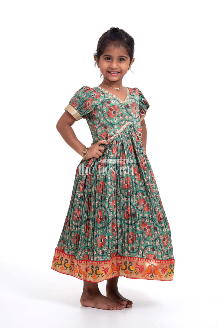 The Nesavu Girls Silk Gown Stunning Green Kalamkari Chinon Party Gown for Girls Nesavu Stunning Green Kalamkari Chinon Party Gown for Girls - Elegant & Festive | The Nesavu