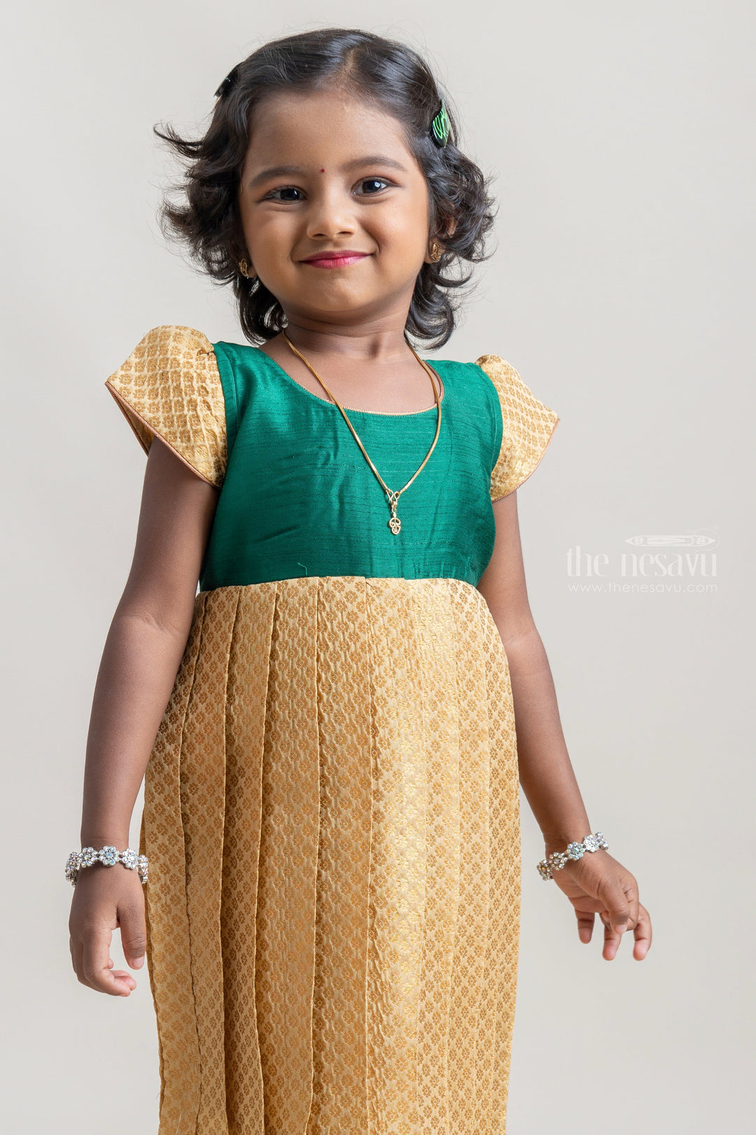 The Nesavu Silk Frock Stunning Green Solid Yoke And Beige Floral Designer Semi-Silk Frock For Girls Nesavu Traditional Silk frock Collection | New Silk Frock Collection | The Nesavu