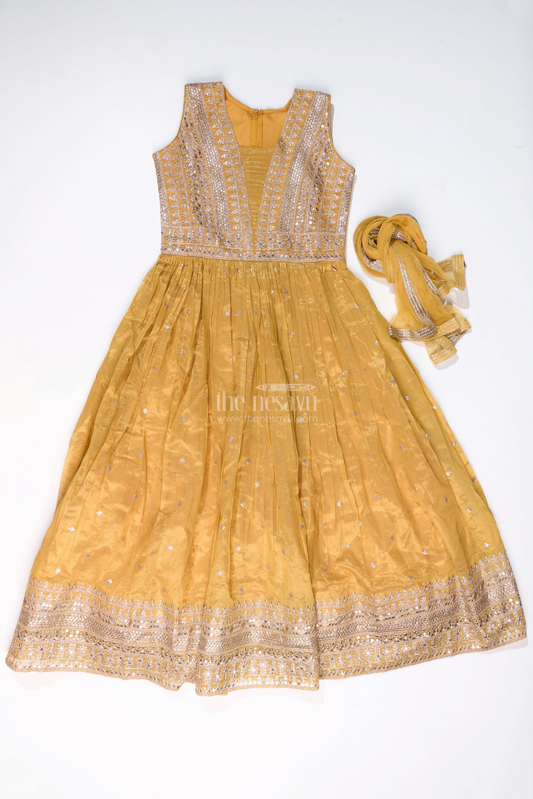 The Nesavu Girls Churidar Sets Stunning Kurta Churidar Set for Girls with Golden Chinon Silk and Exquisite Mirror Work Nesavu 32 (9Y) / Yellow GPS532B-32 Stunning Kurta Churidar Set Girls Golden Chinon Silk Exquisite Mirror Work | The Nesavu