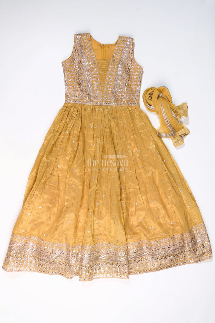 The Nesavu Girls Churidar Sets Stunning Kurta Churidar Set for Girls with Golden Chinon Silk and Exquisite Mirror Work Nesavu 32 (9Y) / Yellow GPS532B-32 Stunning Kurta Churidar Set Girls Golden Chinon Silk Exquisite Mirror Work | The Nesavu