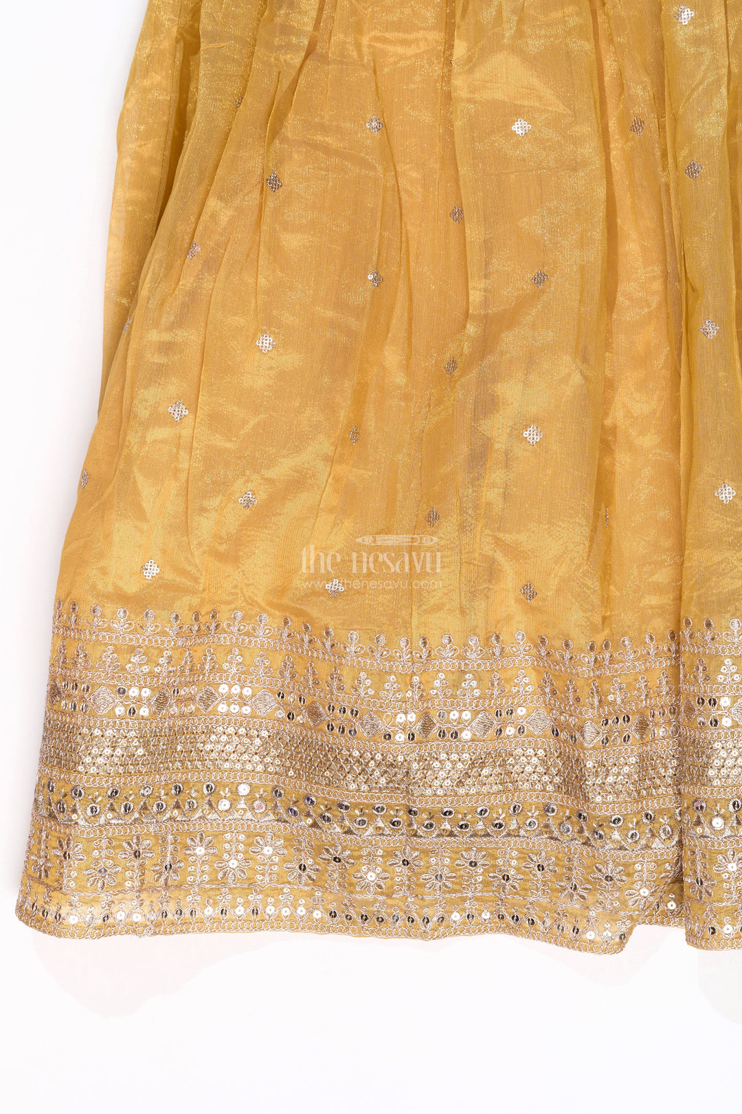 The Nesavu Girls Churidar Sets Stunning Kurta Churidar Set for Girls with Golden Chinon Silk and Exquisite Mirror Work Nesavu Stunning Kurta Churidar Set Girls Golden Chinon Silk Exquisite Mirror Work | The Nesavu