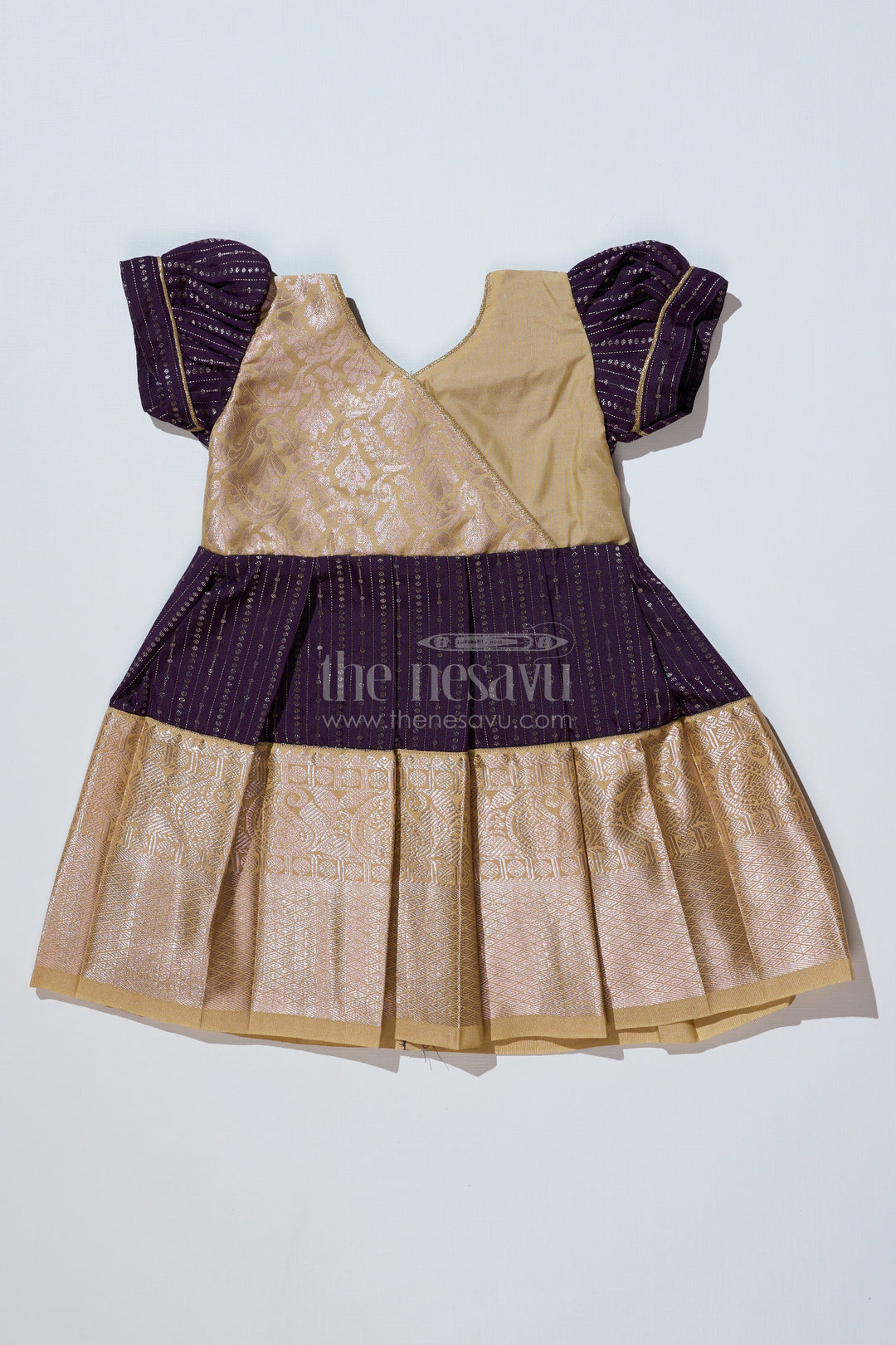 The Nesavu Girls Kanchi Silk Frock Stunning Magenta Silk Dress for Girls with Kanchipuram Inspired Fabric and Gold Zari Pleated Border Nesavu 14 (6M) / Magenta / Style 1 SF823EA-14 Magenta Silk Dress Girls Kanchipuram Inspired Fabric Gold Zari Pleated Border | The Nesavu