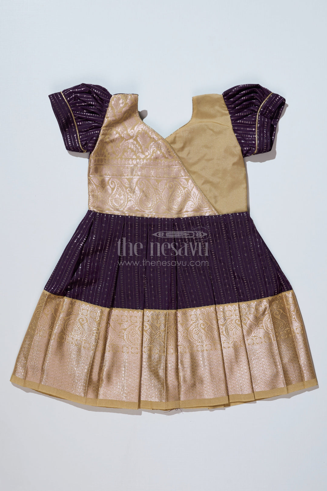 The Nesavu Girls Kanchi Silk Frock Stunning Magenta Silk Dress for Girls with Kanchipuram Inspired Fabric and Gold Zari Pleated Border Nesavu 18 (2Y) / Magenta / Style 2 SF823EB-18 Nesavu Magenta Silk Dress Girls Kanchipuram Inspired Fabric Gold Zari Pleated Border