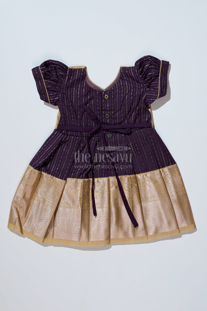The Nesavu Girls Kanchi Silk Frock Stunning Magenta Silk Dress for Girls with Kanchipuram Inspired Fabric and Gold Zari Pleated Border Nesavu Magenta Silk Dress Girls Kanchipuram Inspired Fabric Gold Zari Pleated Border | The Nesavu