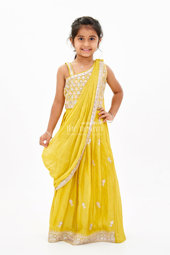 The Nesavu Girls Lehenga Choli Stunning One Shoulder Lehenga Choli for Girls with Embroidered Georgette and Dupatta Nesavu 16 (1Y) / Yellow GL591A-16 Stunning One Shoulder Lehenga Choli Girls Embroidered Georgette Dupatta | The Nesavu