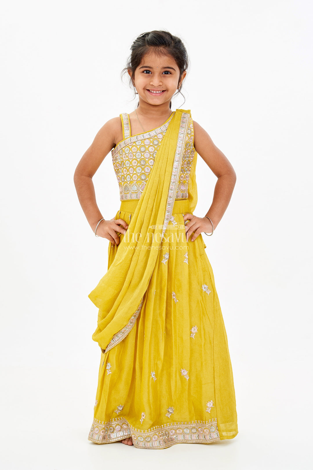 The Nesavu Girls Lehenga Choli Stunning One Shoulder Lehenga Choli for Girls with Embroidered Georgette and Dupatta Nesavu Stunning One Shoulder Lehenga Choli Girls Embroidered Georgette Dupatta | The Nesavu