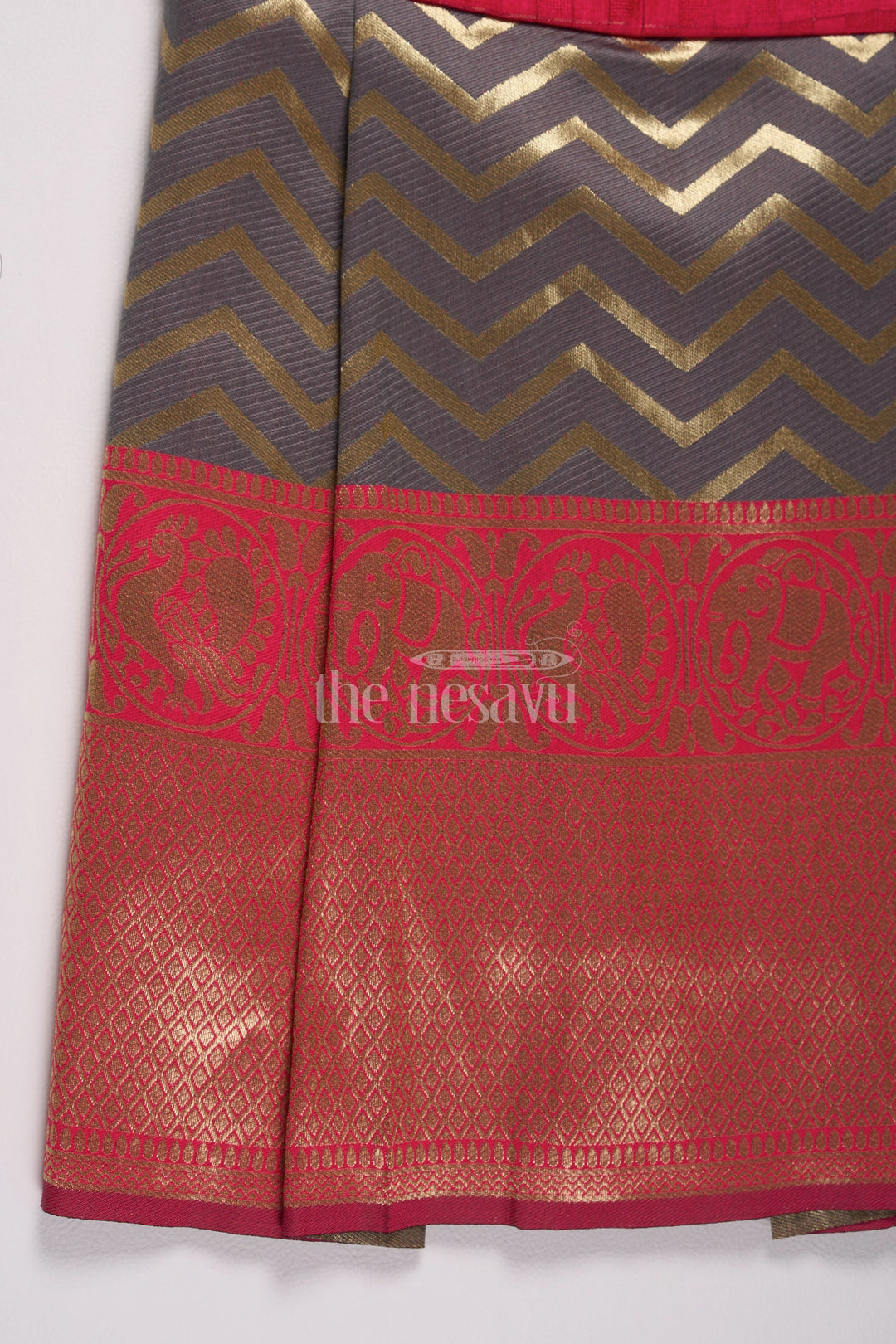 The Nesavu Silk Frock Stunning Red and Gold Jacquard Dress Frock for Girls with Chevron Pleats Nesavu Red Gold Chevron Jacquard Dress Frock Girls Nesavu