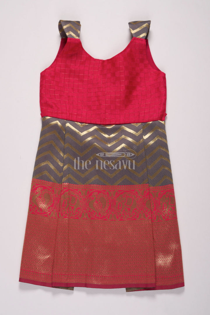 The Nesavu Silk Frock Stunning Red and Gold Jacquard Dress Frock for Girls with Chevron Pleats Nesavu Red Gold Chevron Jacquard Dress Frock Girls Nesavu