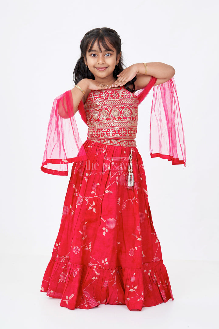 The Nesavu Girls Lehenga Choli Stunning Red Lehenga Choli for Girls with Modal Chanderi Printed Fabric and Embroidered Choli Nesavu 18 (2Y) / Pink GL594A-18 Stunning Red Lehenga Choli Girls Modal Chanderi Printed Fabric Embroidered Choli | The Nesavu