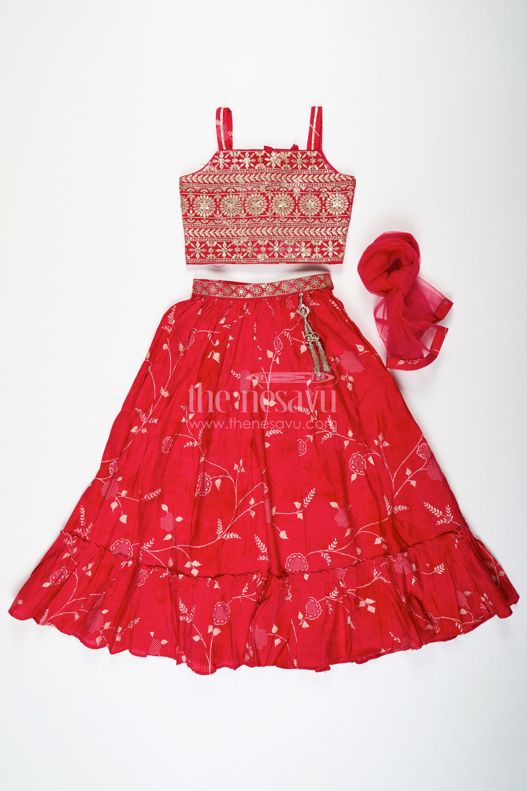 The Nesavu Girls Lehenga Choli Stunning Red Lehenga Choli for Girls with Modal Chanderi Printed Fabric and Embroidered Choli Nesavu Stunning Red Lehenga Choli Girls Modal Chanderi Printed Fabric Embroidered Choli | The Nesavu