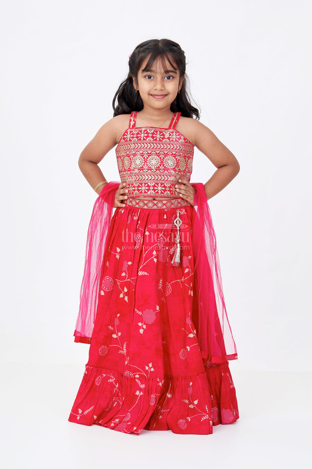 The Nesavu Girls Lehenga Choli Stunning Red Lehenga Choli for Girls with Modal Chanderi Printed Fabric and Embroidered Choli Nesavu Stunning Red Lehenga Choli Girls Modal Chanderi Printed Fabric Embroidered Choli | The Nesavu