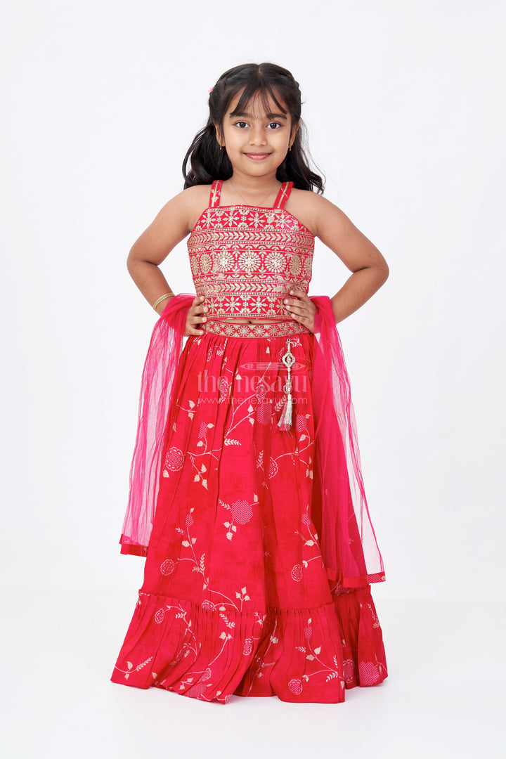 The Nesavu Girls Lehenga Choli Stunning Red Lehenga Choli for Girls with Modal Chanderi Printed Fabric and Embroidered Choli Nesavu Stunning Red Lehenga Choli Girls Modal Chanderi Printed Fabric Embroidered Choli | The Nesavu