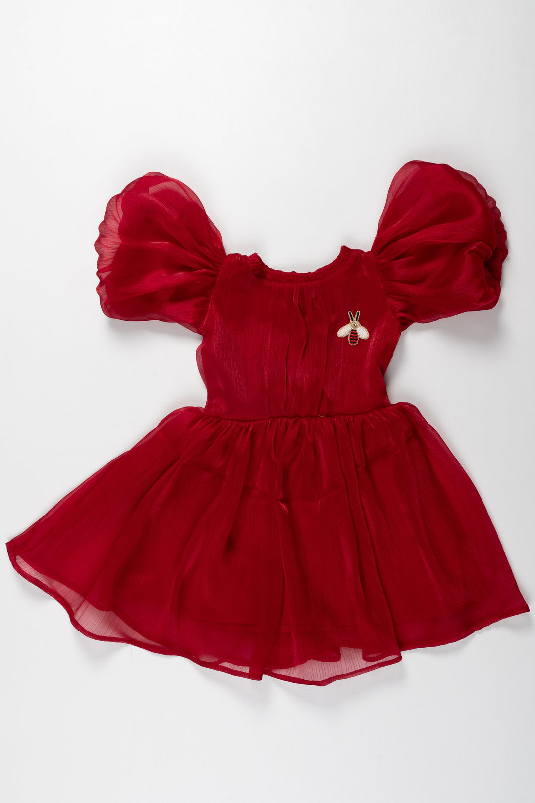 The Nesavu Stunning Ruby Red Organza Puff Sleeve Party Frock for Kids Nesavu 14 (6M) / Red / Organza PF186B-14 Ruby Red Organza Puff Sleeve Party Frock for Kids - Elegant Party Wear