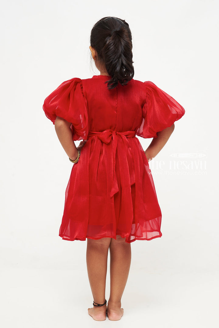 The Nesavu Party Frock Stunning Ruby Red Organza Puff Sleeve Party Frock for Kids Nesavu Ruby Red Organza Puff Sleeve Party Frock for Kids - Elegant Party Wear