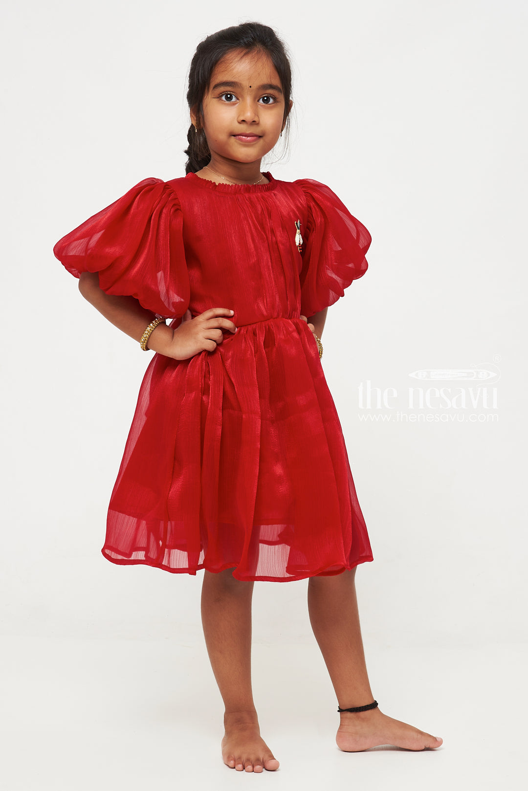 The Nesavu Party Frock Stunning Ruby Red Organza Puff Sleeve Party Frock for Kids Nesavu Ruby Red Organza Puff Sleeve Party Frock for Kids - Elegant Party Wear