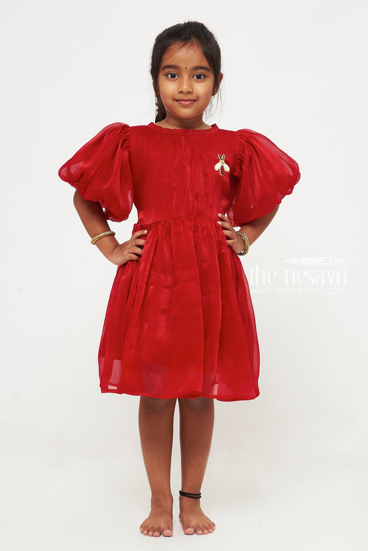 The Nesavu Party Frock Stunning Ruby Red Organza Puff Sleeve Party Frock for Kids Nesavu Ruby Red Organza Puff Sleeve Party Frock for Kids - Elegant Party Wear