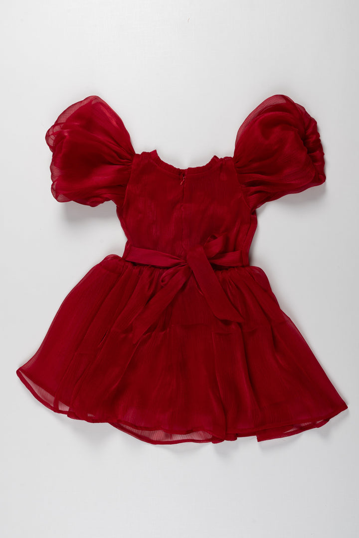 The Nesavu Stunning Ruby Red Organza Puff Sleeve Party Frock for Kids Nesavu Ruby Red Organza Puff Sleeve Party Frock for Kids - Elegant Party Wear