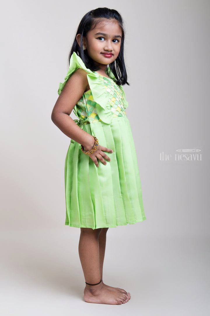 The Nesavu Silk Frock Stunning Semi-Silk Dress with Delicate Embroidered Ruffle Yoke Frock For Girls Nesavu 16 (1Y) / Green / Silk Blend SF518C-16 Elegant Semi-Silk Frocks for Little Girls | New Silk Frock Collection | The Nesavu