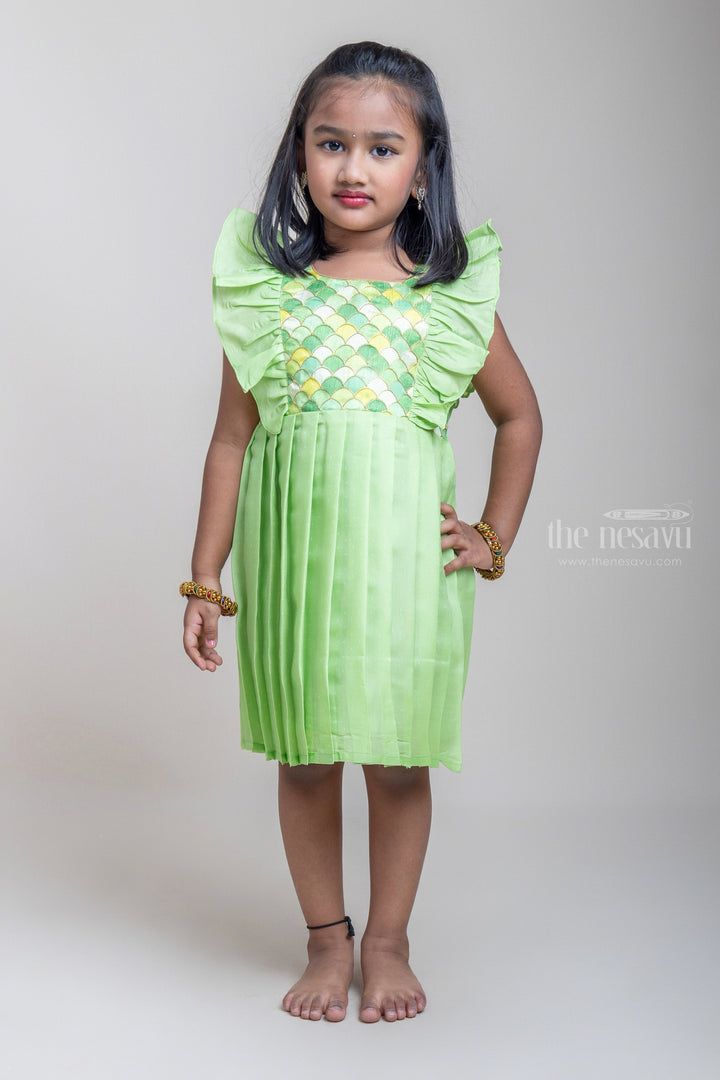 The Nesavu Silk Frock Stunning Semi-Silk Dress with Delicate Embroidered Ruffle Yoke Frock For Girls Nesavu 16 (1Y) / Green / Silk Blend SF518C Elegant Semi-Silk Frocks for Little Girls | New Silk Frock Collection | The Nesavu