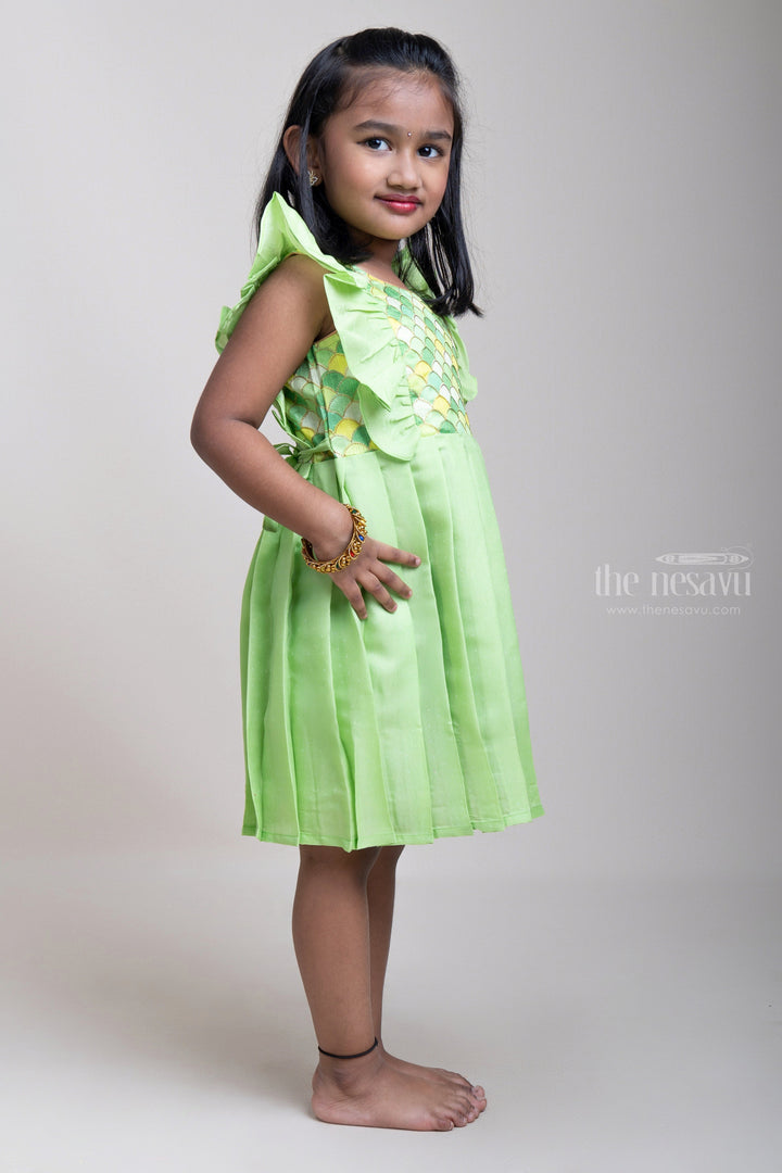 The Nesavu Silk Frock Stunning Semi-Silk Dress with Delicate Embroidered Ruffle Yoke Frock For Girls Nesavu Elegant Semi-Silk Frocks for Little Girls | New Silk Frock Collection | The Nesavu