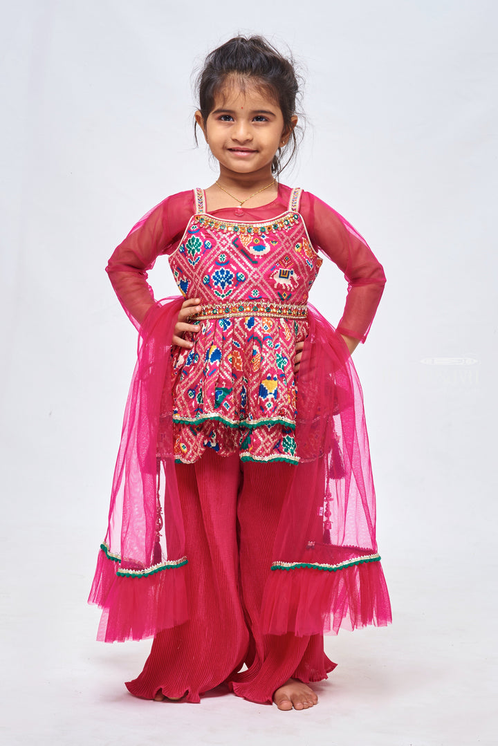 The Nesavu Girls Sharara / Plazo Set Stunning Sequins Embroidered Patola Designer Pink Peplum Kurti with Palazzo: Traditional Grace for Girls. Nesavu 22 (4Y) / Pink GPS159A-22 Patola Designer Pink Kurti with Palazzo set | Girls Festive Collecetions | The Nesavu