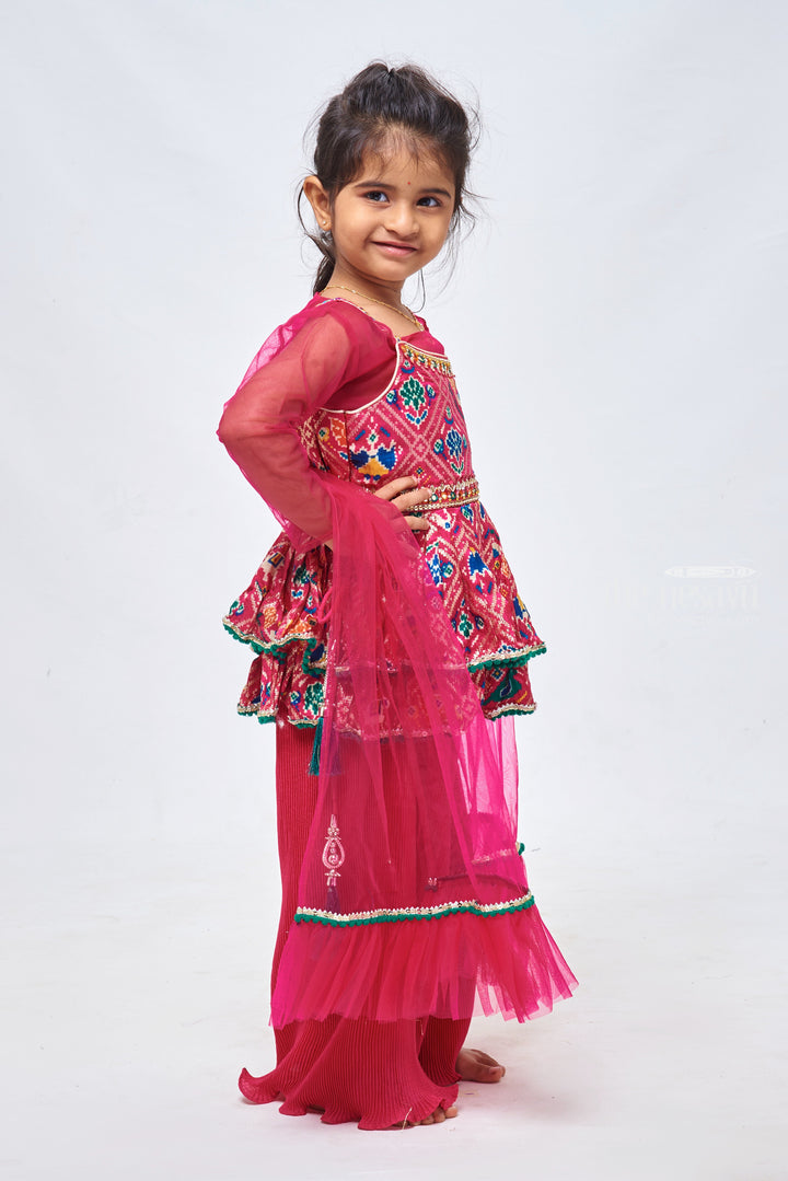 The Nesavu Girls Sharara / Plazo Set Stunning Sequins Embroidered Patola Designer Pink Peplum Kurti with Palazzo: Traditional Grace for Girls. Nesavu Patola Designer Pink Kurti with Palazzo set | Girls Festive Collecetions | The Nesavu